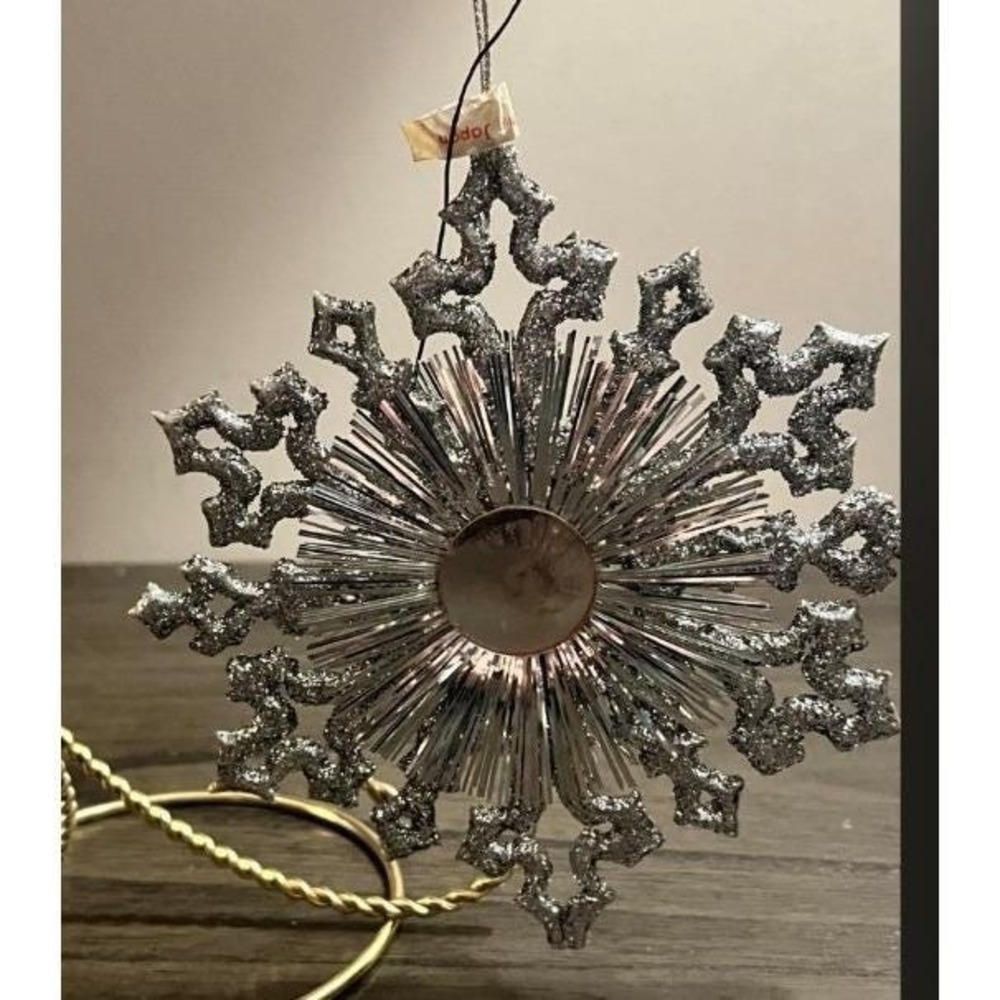 Vintage Made in Japan Silver Starburst Snowflake Christmas Ornament‎ 5.25"